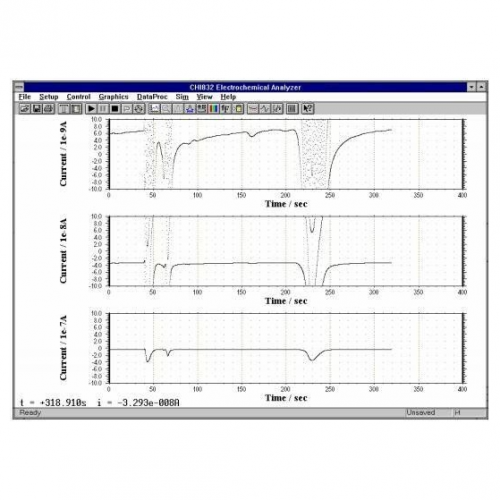 Diseñado para detección electroquímica; se puede utilizar para monitorear la corriente que pasa a través de una celda de flujo en cromatografía líquida/electroquímica o para análisis de inyección en flujo, así como otras aplicaciones electroanalíticas.
 Aplicaciones:

Detección electroquímica de canal simple o doble de celda de flujo.
Electroforesis capilar y cromatografía líquida.
Sensores químicos y biológicos.
Electroanálisis convencional.


VER MÁS





Functiones
800D/802D
810D/812D
820D/822D
830D/832D
840D/842D
850D/852D


Cyclic Voltammetry (CV)
●
●
●
●
●
●


Linear Sweep Voltammetry (LSV) 
●
●
●
●
●
●


Staircase Voltammetry (SCV) 
 
 
 
 
 
●


Tafel Plot (TAFEL)
 
 
 
 
 
●


Chronoamperometry (CA)
 
 
 
●
●
●


Chronocoulometry (CC)
 
 
 
●
●
●


Differential Pulse Voltammetry (DPV) 
 
 
●
●
●
●


Normal Pulse Voltammetry (NPV)
 
 
●
●
●
●


Differential Normal Pulse Voltammetry (DNPV)
 
 
 
 
 
●


Square Wave Voltammetry (SWV) 
 
 
●
●
●
●


AC Voltammetry (ACV) 
 
 
 
 
 
●


2nd Harmonic AC Voltammetry (SHACV)
 
 
 
 
 
●


Amperometric i t Curve (i t)
●
●
 
●
●
●


Differential Pulse Amperometry (DPA)
 
●
 
●
●
●


Double Differential Pulse Amperometry (DDPA)
 
●
 
●
●
●


Triple Pulse Amperometry (TPA)
 
●
 
●
●
●


Integrated Pulse Amperometric Detection (IPAD)
 
 
 
 
 
●


Bulk Electrolysis with Coulometry (BE)
 
 
●
●
●
●


Hydrodynamic Modulation Voltammetry (HMV)
 
 
 
 
 
●


Sweep Step Functions (SSF)
 
 
 
 
●
●


Multi Potential Steps (STEP)
 
 
 
 
●
●


Chronopotentiometry (CP)
 
 
 
 
●
●


Chronopotentiometry with Current Ramp (CPCR)
 
 
 
 
●
●


Multi Current Steps (ISTEP)
 
 
 
 
●
●


Potentiometric Stripping Analysis (PSA)
 
 
 
● 
 ●
●


Electrochemical Noise Measurement (ECN)
 
 
 
 
 
●


Open Circuit Potential   Time
●
●
●
●
●
●


Galvanostat
 
 
 
 
●
●


RDE control (0 10V output)
 
 
 
 
●
●


Full version of CV simulator
 
 
 
●
●
●


Limited version of CV simulator
●
●
●
 
 
 


iR Compensation
●
●
●
●
●
●


External Potential Input
●
●
●
●
●
●


Auxiliary Signal Measurement Channel
●
●
●
●
●
●