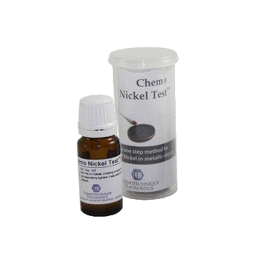 Chemo Niquel Test™ es un sencillo método de un solo paso para detectar níquel libre en objetos metálicos.
La prueba consiste en una solución amoniacal de dimetilglioxima (DMG) para la detección de níquel en objetos metálicos. 