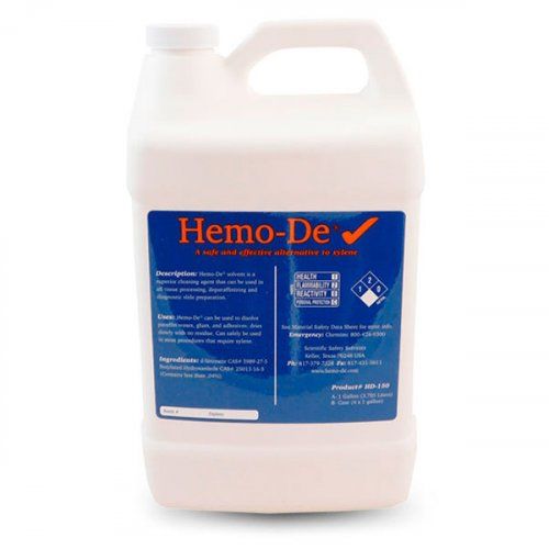 Ventajas de Hemo De sobre xileno

 Biodegradable
 No corrosivo
 Incombustible
 No contiene benceno
 Bajos niveles de toxicidad
 Contracción mínima del tejido
 Agradable fragancia de cítricos


 Propiedades físicas y químicas

 Líquido claro a incoloro
 Fragancia ligera de cítricos
 Punto de ebullición a 760 mmHg es 349 ° F (176 ° C)
 Punto de congelación es  101.2 ° F ( 74 ° C)
 Presión de vapor (mmHg) es de 4.7 mm a 25 ° C
 Densidad de vapor 4.69
 Gravedad específica .8400 a 20 ° C
 Punto de inflamación 121 ° F (49.4 ° C)
 Insoluble en agua
 Tasa de evaporación máxima del 1%
 Viscosidad 3.5 Centipoises a 25 ° C


 Dónde usar Hemo De

 Hemo De es un excelente solvente y agente limpiador. Se puede utilizar en todo el procesamiento de tejidos, desparafinado y preparación de diapositivas de diagnóstico.
 En citología, se puede usar como agente limpiador y solvente.
 Los procedimientos que actualmente usan xileno en hematología y microbiología pueden reemplazar el xileno por Hemo De.
 Hemo De es soluble con alcohol absoluto y medios de montaje.
Hemo De resultó ser un excelente sustituto del acetato de etilo, carbol xileno y xileno.
 En el procedimiento de tinción de Trichrome, Hemo De ayuda a eliminar la mancha de fondo residual y el agua que puede interferir con la interpretación de la mancha.
 Hemo De se puede usar para disolver gutta percha en una variedad de procedimientos de endodoncia.


 Otros usos para Hemo De (Safe T Solv)

 Safe T Solv ha sido formulado para reemplazar los solventes de petróleo altamente tóxicos usados para aplicaciones industriales e institucionales. La agradable fragancia de naranja es un solvente no tóxico y no corrosivo, y generalmente considerado como seguro para el uso alimentario por la FDA.
 Safe T Solv tiene una excelente capacidad de disolución, lo que lo convierte en un spray frío ideal para muchos tipos de equipos.
 Seguro para usar con piezas metálicas como piezas de automóviles y aviones, comunicaciones y equipos electrónicos, equipos de laboratorio y alimentos, sistemas de electrodeposición y muchas otras aplicaciones.